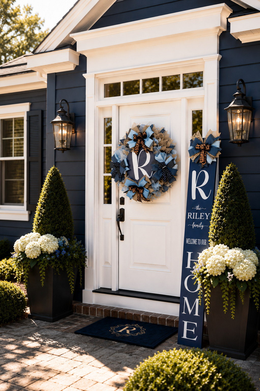 Luxury Navy Blue Monogram Wreath & Personalized Door Leaner Set | Custom Front Porch Decor | Fuzzy’s World