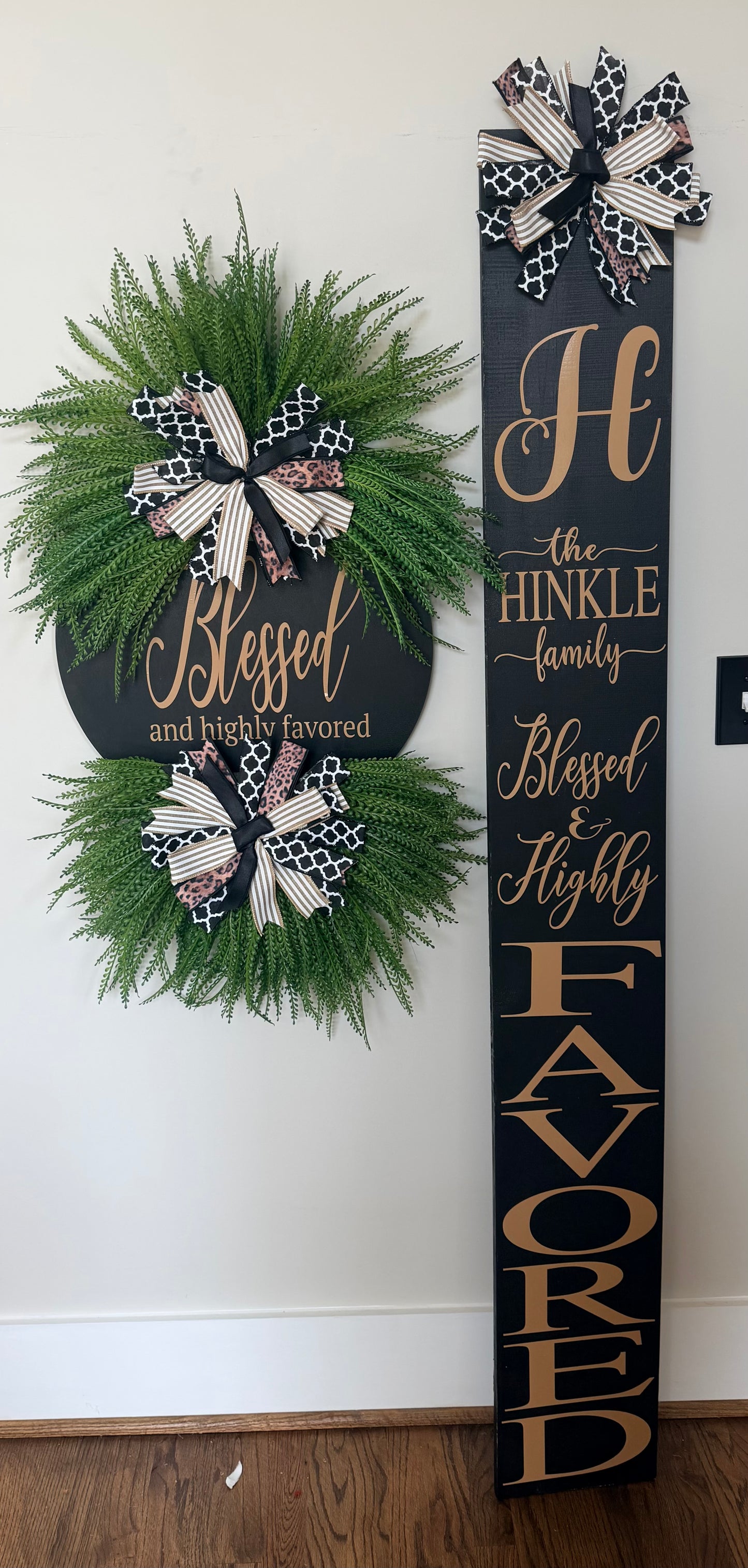 Blessed & Highly Favored Luxury Greenery Wreath | Interchangeable Holiday Bow Front Door Wreath | Black, Tan & Leopard Home Décor