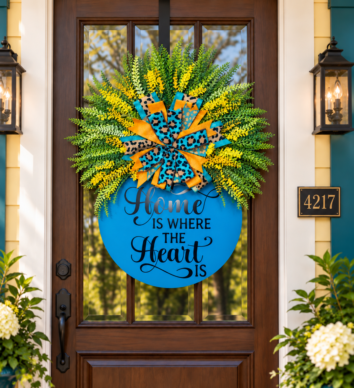 Home Is Where the Heart Is Wreath | Teal, Yellow & Leopard Print Front Door Wreath