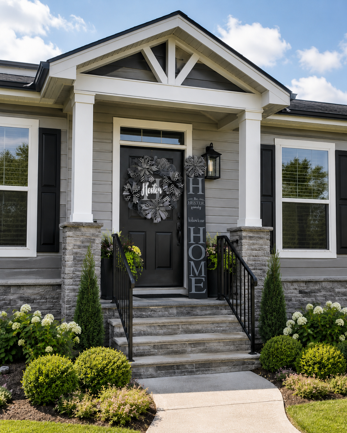 Luxury Personalized Black, Gray & White Wreath + Matching HOME Door Leaner | Custom Family Front Door Décor Set