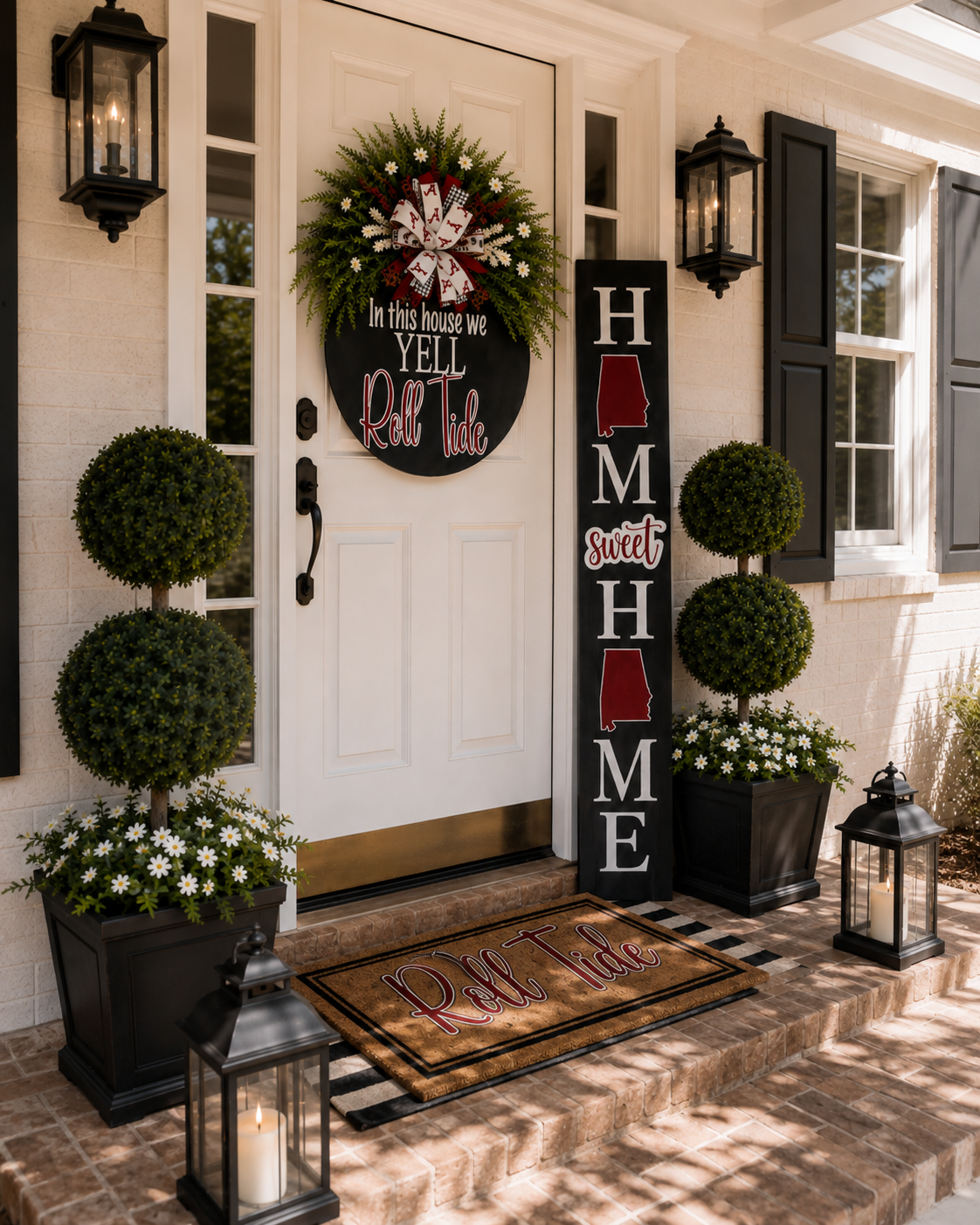 Roll Tide Luxury Porch Décor Set | Alabama-Inspired Wreath & HOME Door Leaner | Crimson Football Front Porch Decor