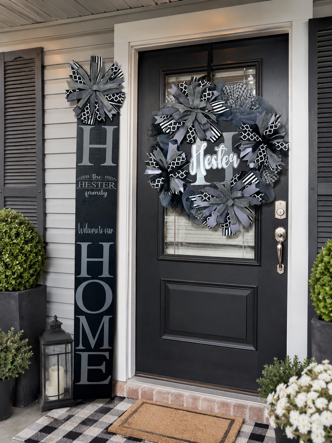 Luxury Personalized Black, Gray & White Wreath + Matching HOME Door Leaner | Custom Family Front Door Décor Set