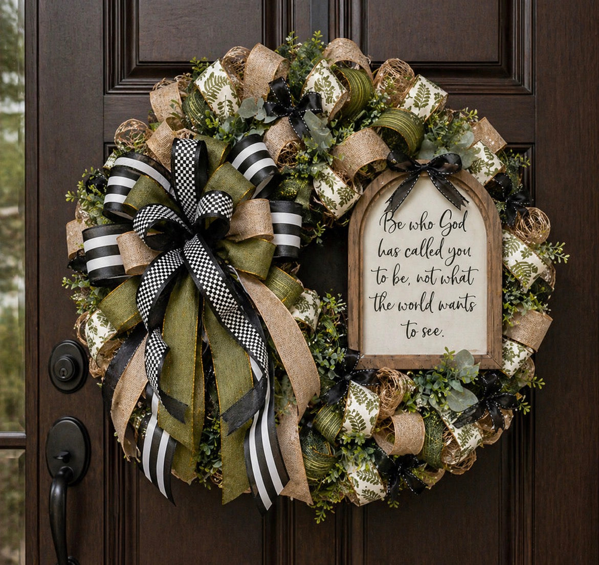 Luxury Faith Wreath – “Be Who God Called You” Designer Front Door Wreath | Black & Green Entryway Decor | Christian Home Decor Gift