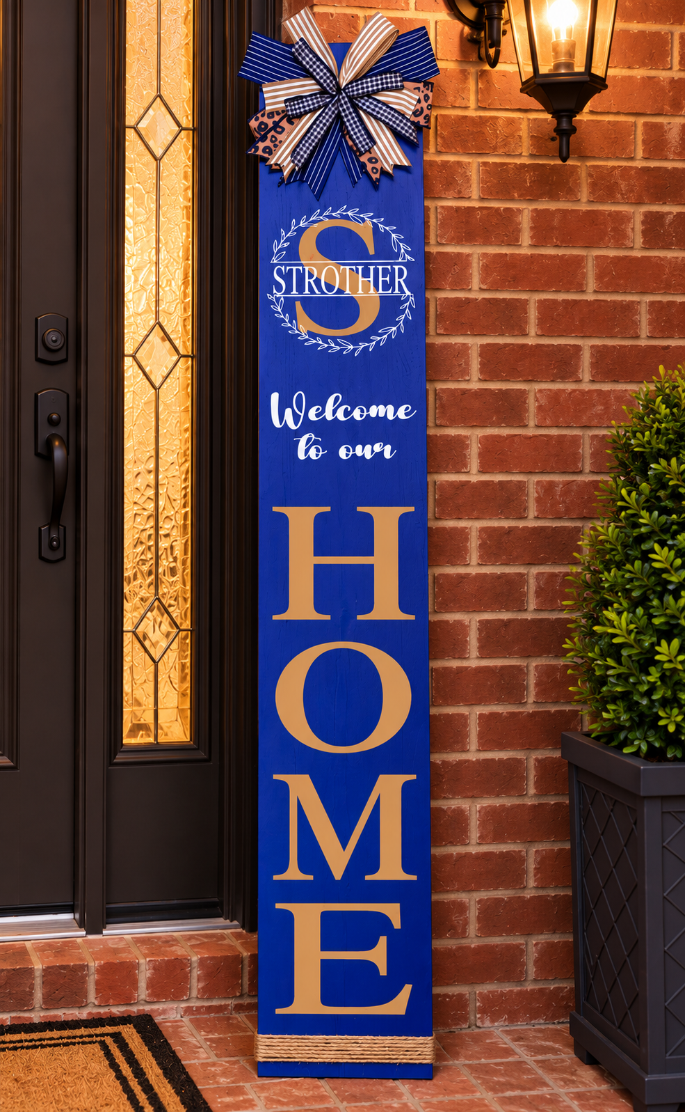 Personalized Blue & Tan Front Porch Set – Wreath & Custom Door leaner