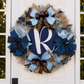 Luxury Navy Blue Monogram Wreath & Personalized Door Leaner Set | Custom Front Porch Decor | Fuzzy’s World