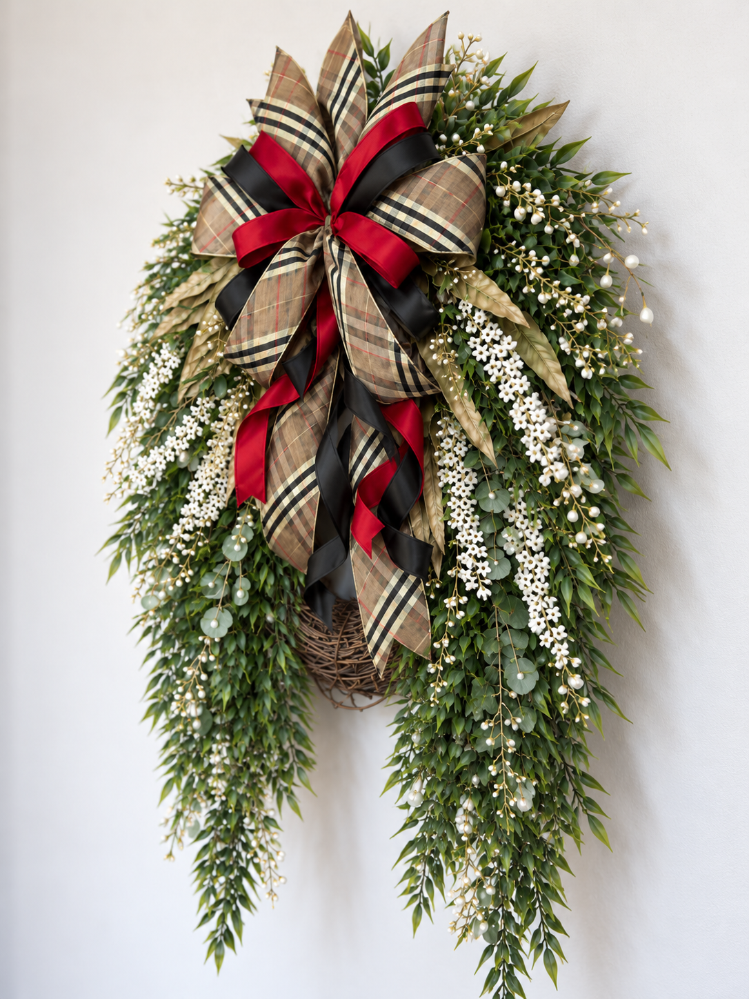 The Luxe Plaid Cascade Wreath | Red, Black & Designer Plaid Front Door Wreath