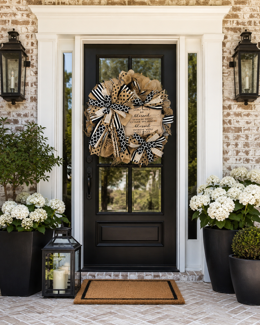 Rustic Blessed Burlap Mesh Wreath | Luxury Black & Tan Front Door Wreath | Farmhouse Porch Decor