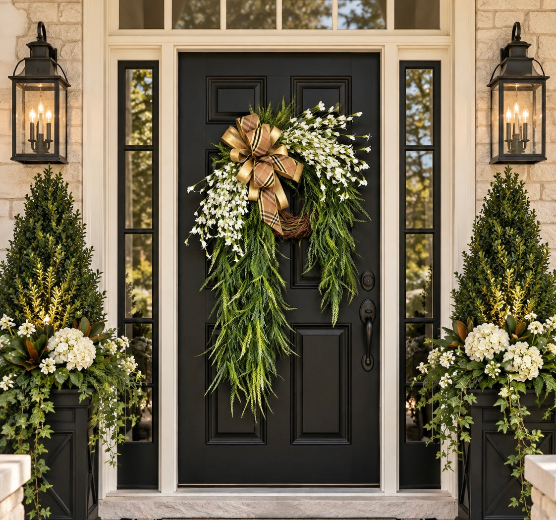 The Beaumont Luxe Swag Wreath | Timeless Greenery & Champagne Plaid