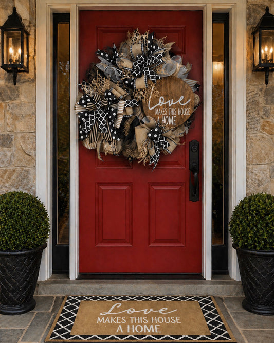 Love Makes This House a Home Wreath – Luxury Black, White & Burlap Front Door Wreath