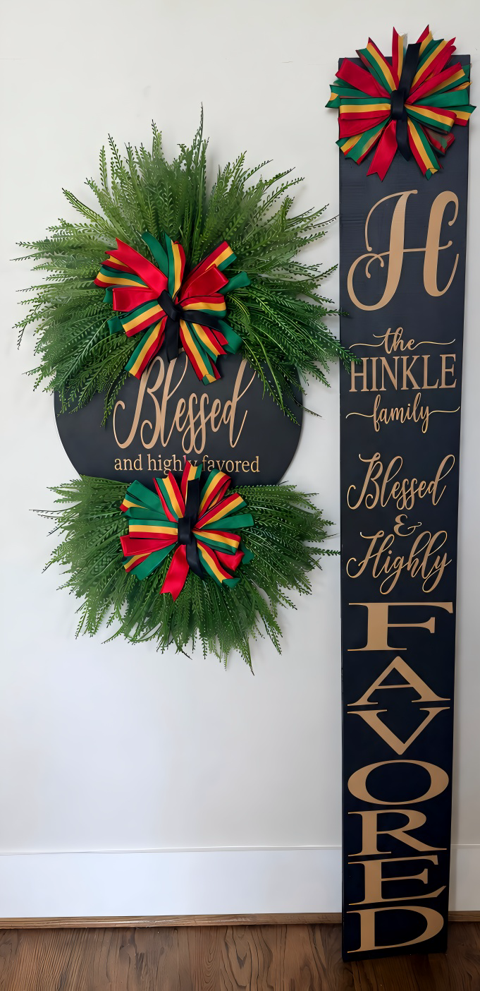 Blessed & Highly Favored Luxury Greenery Wreath | Interchangeable Holiday Bow Front Door Wreath | Black, Tan & Leopard Home Décor