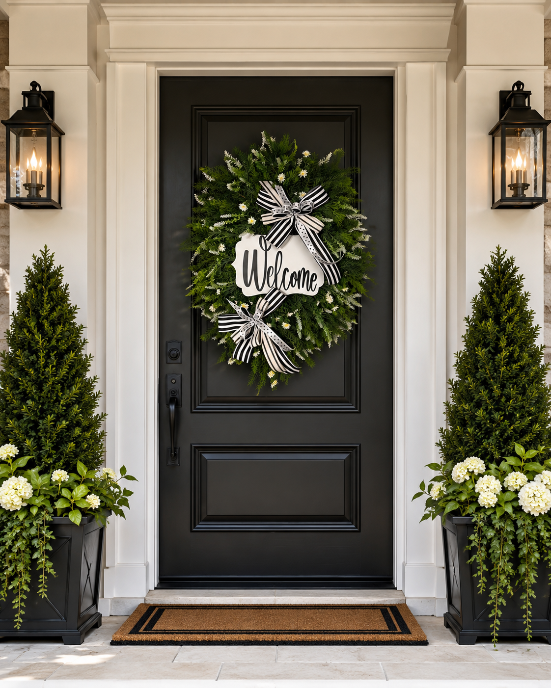 Luxury Black & White Welcome Wreath | Elegant Front Door Greenery Wreath with Layered Designer Bows | Modern Porch Decor by Fuzzy’s World