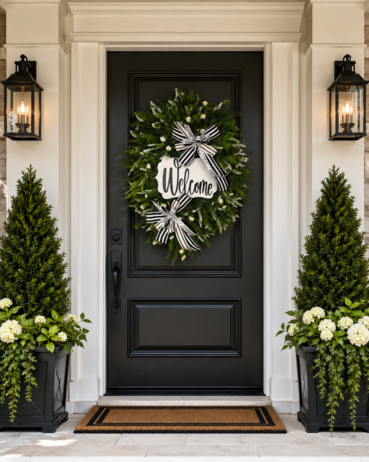 Luxury Black & White Welcome Wreath | Elegant Front Door Greenery Wreath with Layered Designer Bows | Modern Porch Decor by Fuzzy’s World