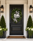 Luxury Black & White Welcome Wreath | Elegant Front Door Greenery Wreath with Layered Designer Bows | Modern Porch Decor by Fuzzy’s World