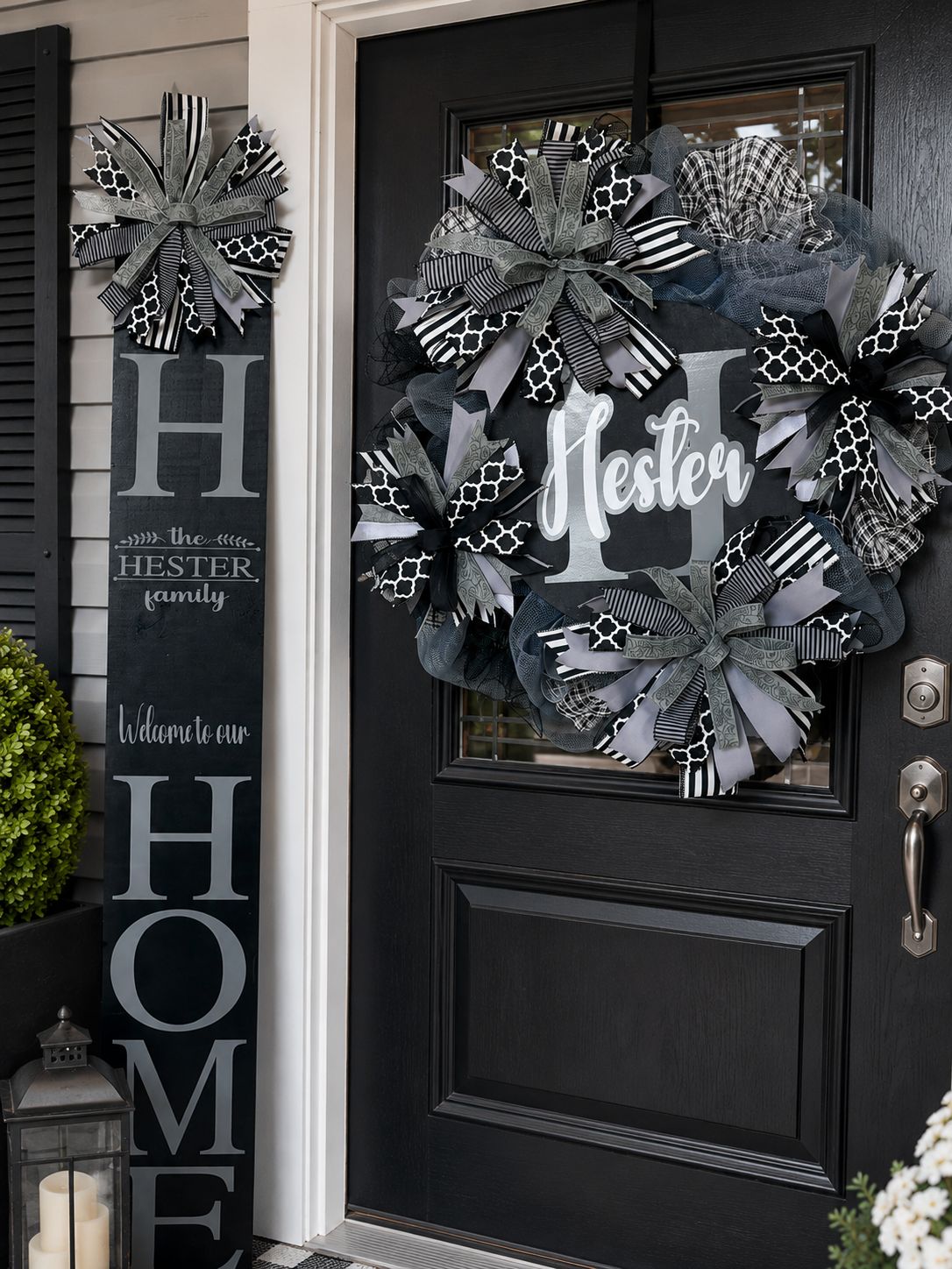 Luxury Personalized Black, Gray & White Wreath + Matching HOME Door Leaner | Custom Family Front Door Décor Set
