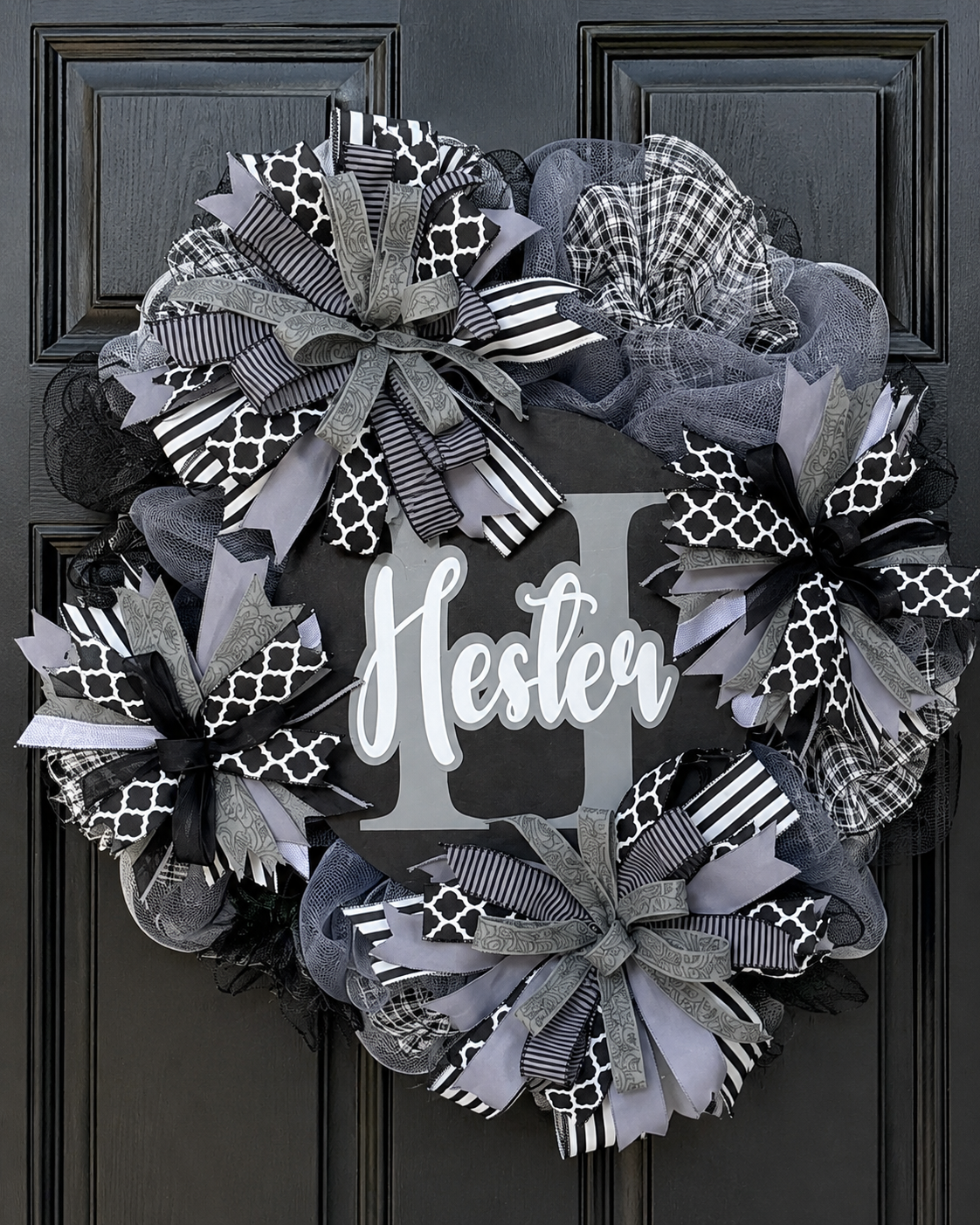 Luxury Personalized Black, Gray & White Wreath + Matching HOME Door Leaner | Custom Family Front Door Décor Set