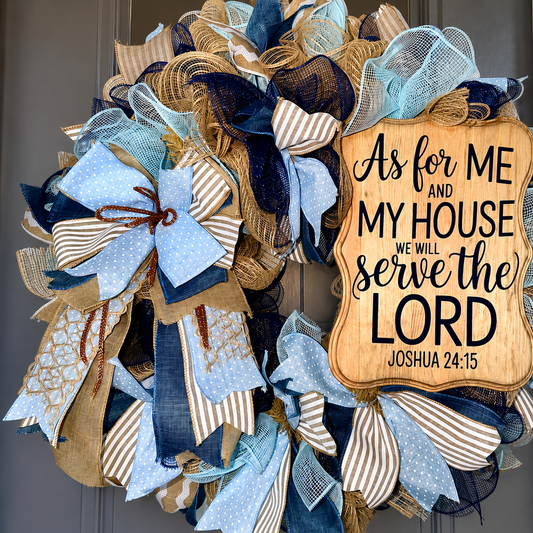 Luxury Blue & Beige Christian Mesh Wreath – “As For Me & My House” Front Door Decor | Fuzzy’s World