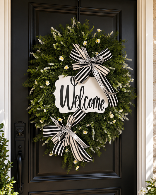 Luxury Black & White Welcome Wreath | Elegant Front Door Greenery Wreath with Layered Designer Bows | Modern Porch Decor by Fuzzy’s World