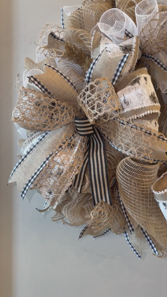 Personalized Family Name Wreath for Front Door | Luxury Neutral Burlap Mesh Wreath | Realtor Closing Gift | Housewarming Decor